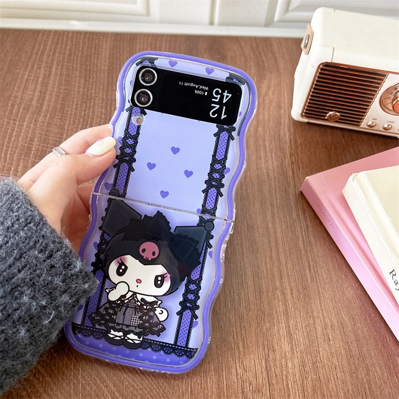 Wavy Edge Purple Phone Case For Samsung Galaxy Z Flip 3 4 5 5G ZFlip5 Cartoon Kuromi Sanrio Silicone Back Cover With accessories image 2