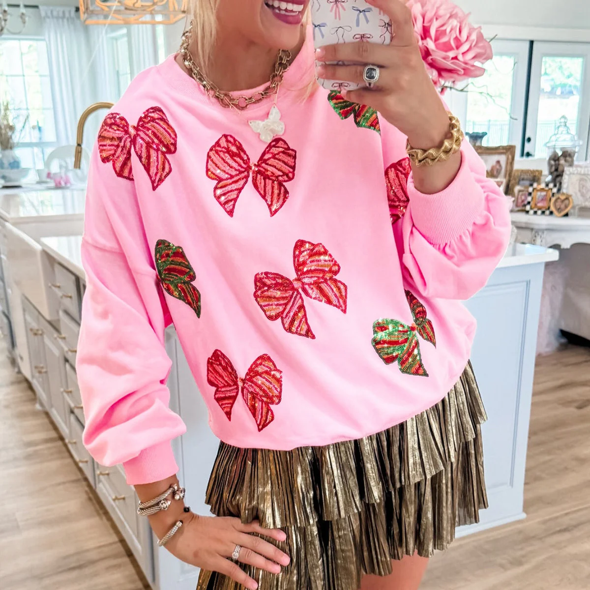 2025 Fashion Tops Autumn And Winter Hoodie Ladies Butterfly Bow Sequin Round Neck Loose Casual Long Sleeved Sweatshirt For Women