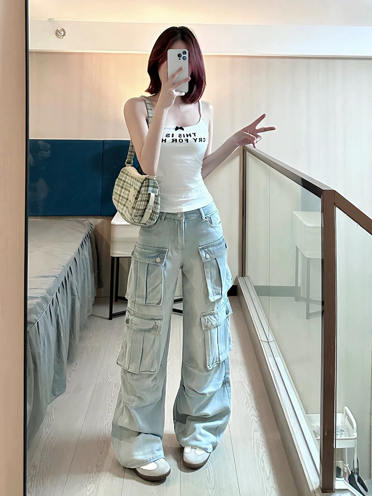 Retro Cargo Jeans Women Washed Pockets Wide Leg Denim Pants Spring Autumn Hot Girls Straight Trousers Street wear Female