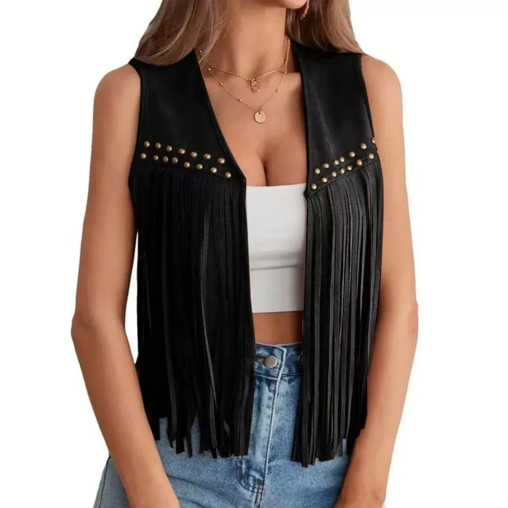 Fashionable Retro Fringed Vest Black/Brown Open Front Western Jacket Rivet Detailing Sleeveless Vest for Women