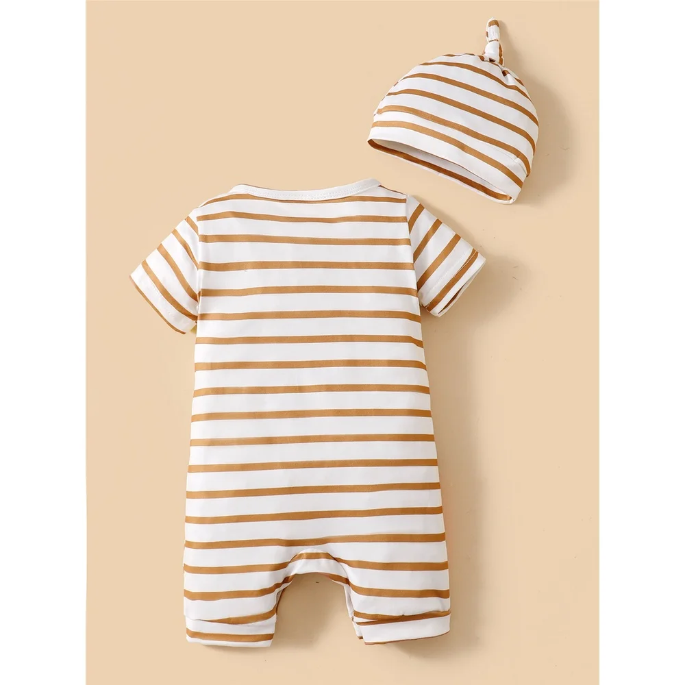 Baby Boy Cute Animals Romper Striped Short Sleeve Jumpsuit+Hat 2PCS Summer Korean Style Clothes Suit for Toddler Boy 3-24Months