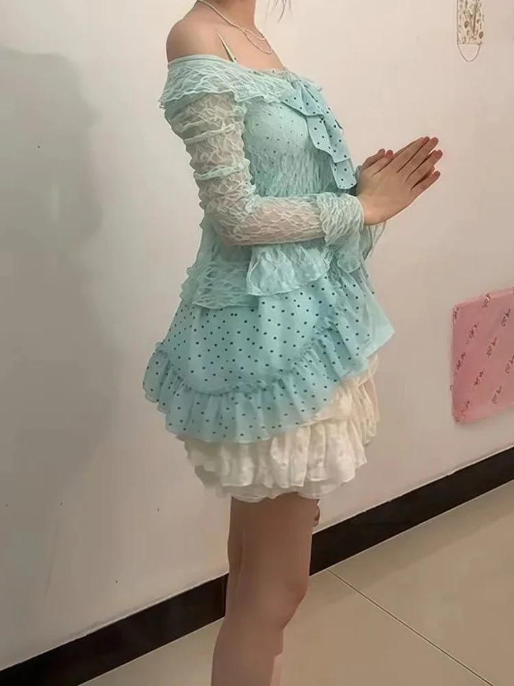 Japanese Sweet Vintage Lace 3 Piece Set Polka Dot Vest + Sheer Lace Cardigan + Fluffy Skirt New Harajuku Chic Lovely Suit Spring view 6