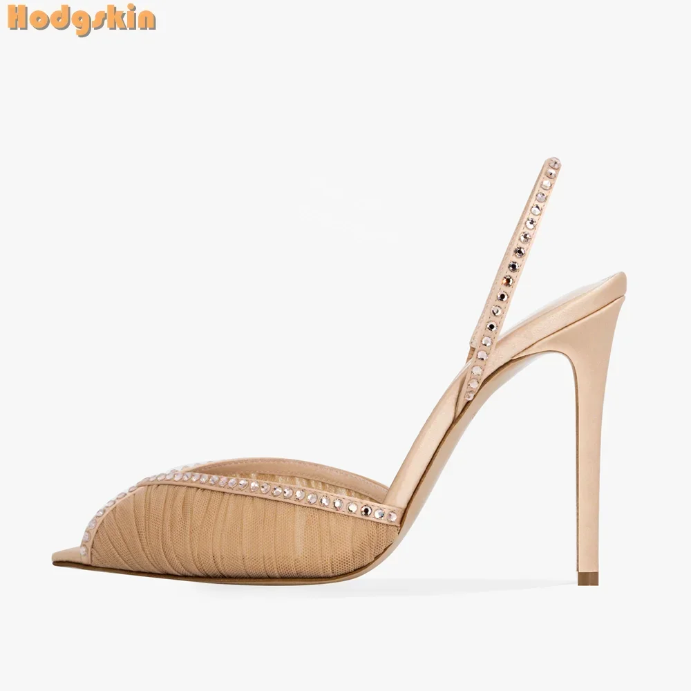 Crystal Mesh Stilettos Sandals Sweet Peep Toe Shallow Dress Shoes 2025 Summer Women\'s New Ponited Thin High Heeled Pumps Slip-on
