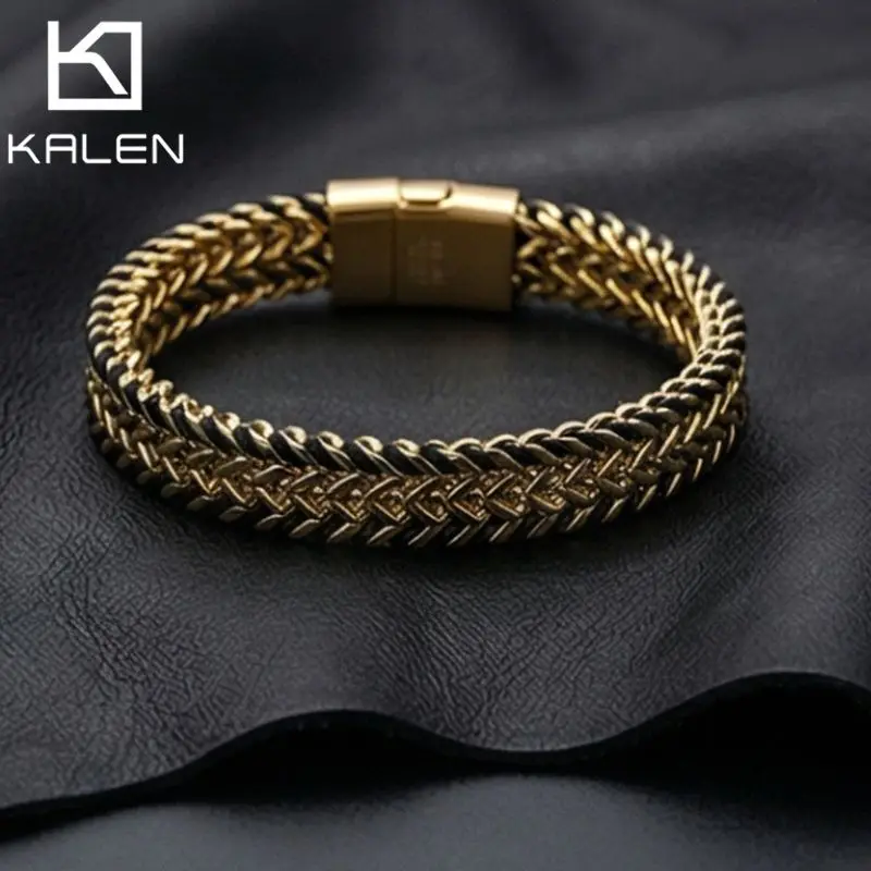 

KALEN Men's Stainless Steel Double Row Reversible Chain Punk Style Braided Bone Bracelet Fashion Jewelry Friend Birthday Gift