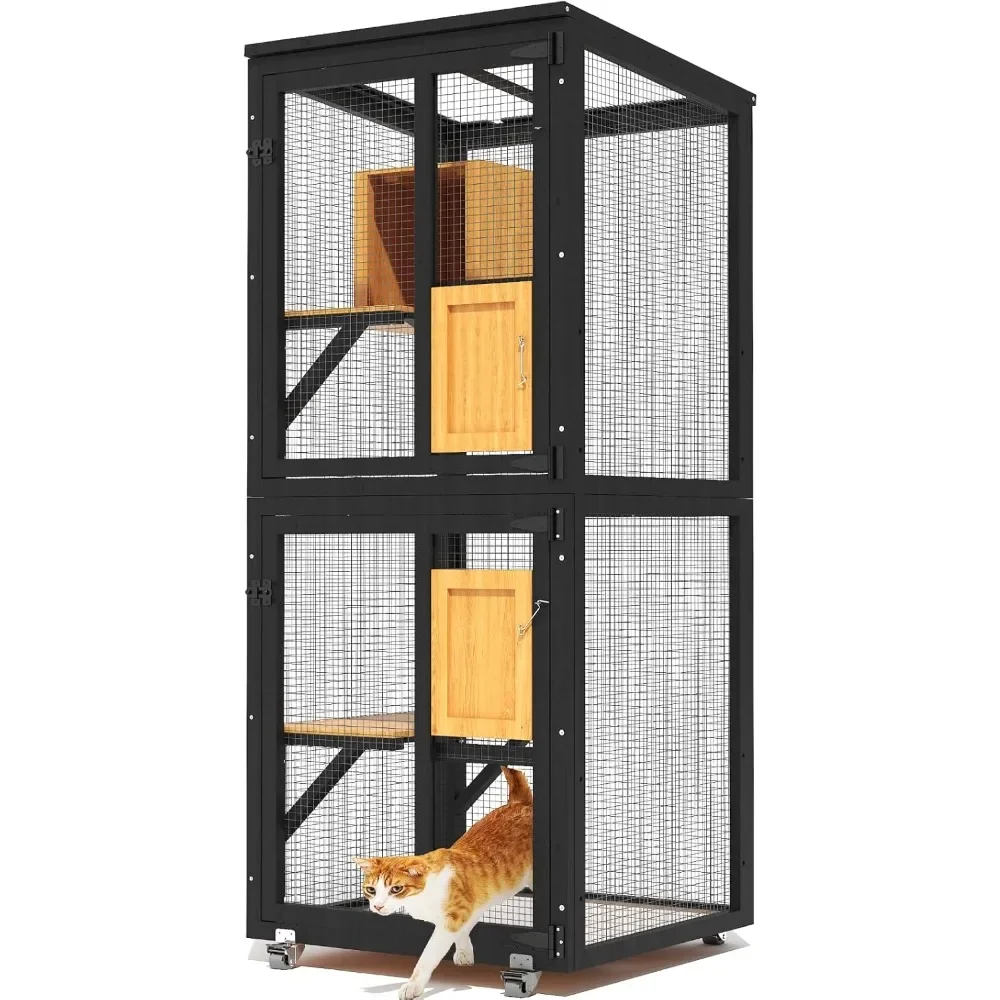 

Catio Outdoor Cat Enclosure, 4 Tier Indoor Catio with 4 Wheels, Platforms and Resting Box, Cat Cage with Waterproof Roof