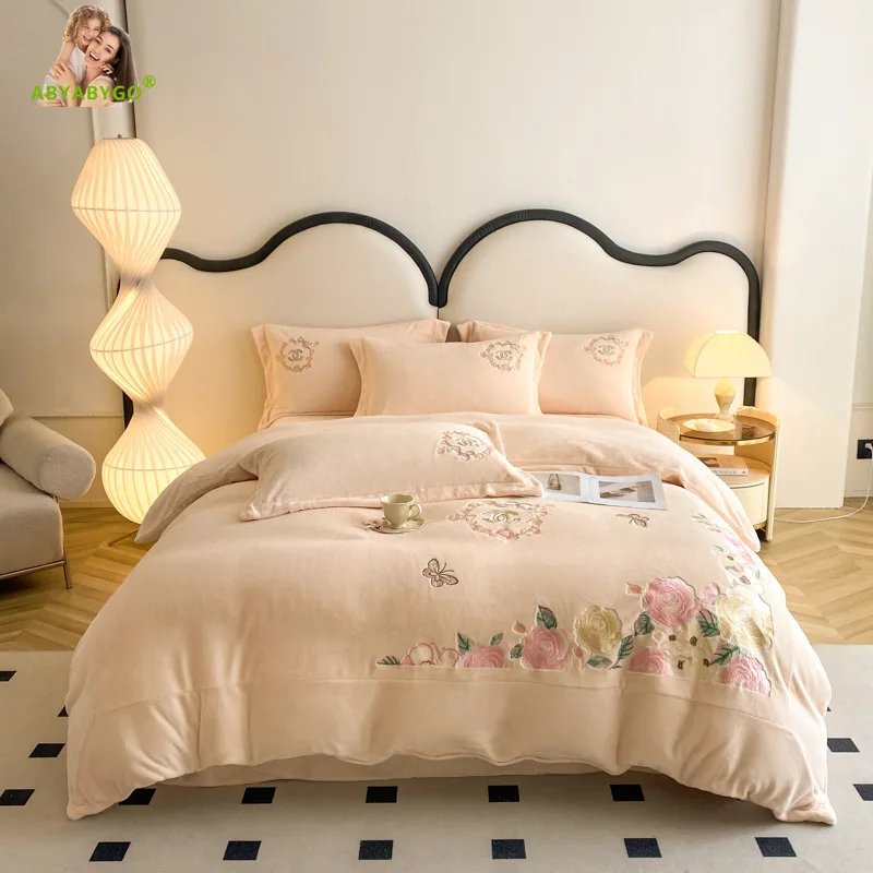 King Size Bedding Set 4pcs Pink Flowers Embroidery Princess Warm Thickened Winter Milk Velvet Duvet Cover Bed Sheet Pillowcases