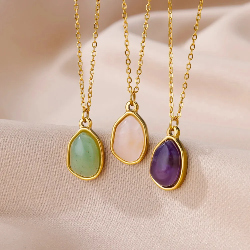 Fashion Stone Opal Oval Necklace For Women Stainless Steel Gold Color Green Stone Pendant Necklace Wedding Aesthetic Jewelry Gif