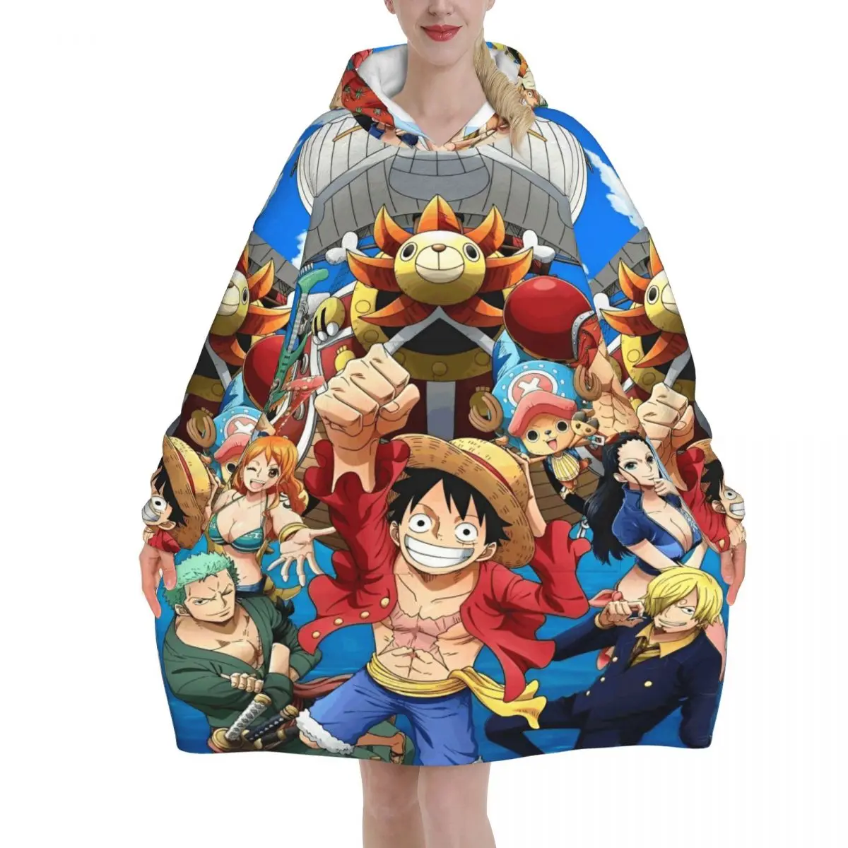 Oversized One Piece Anime Manga Luffy Wearable Deken Cadeaus voor Vrouwen Mannen Ultrasoft Pluche Warm Sweatshirt Dekens Met Zak