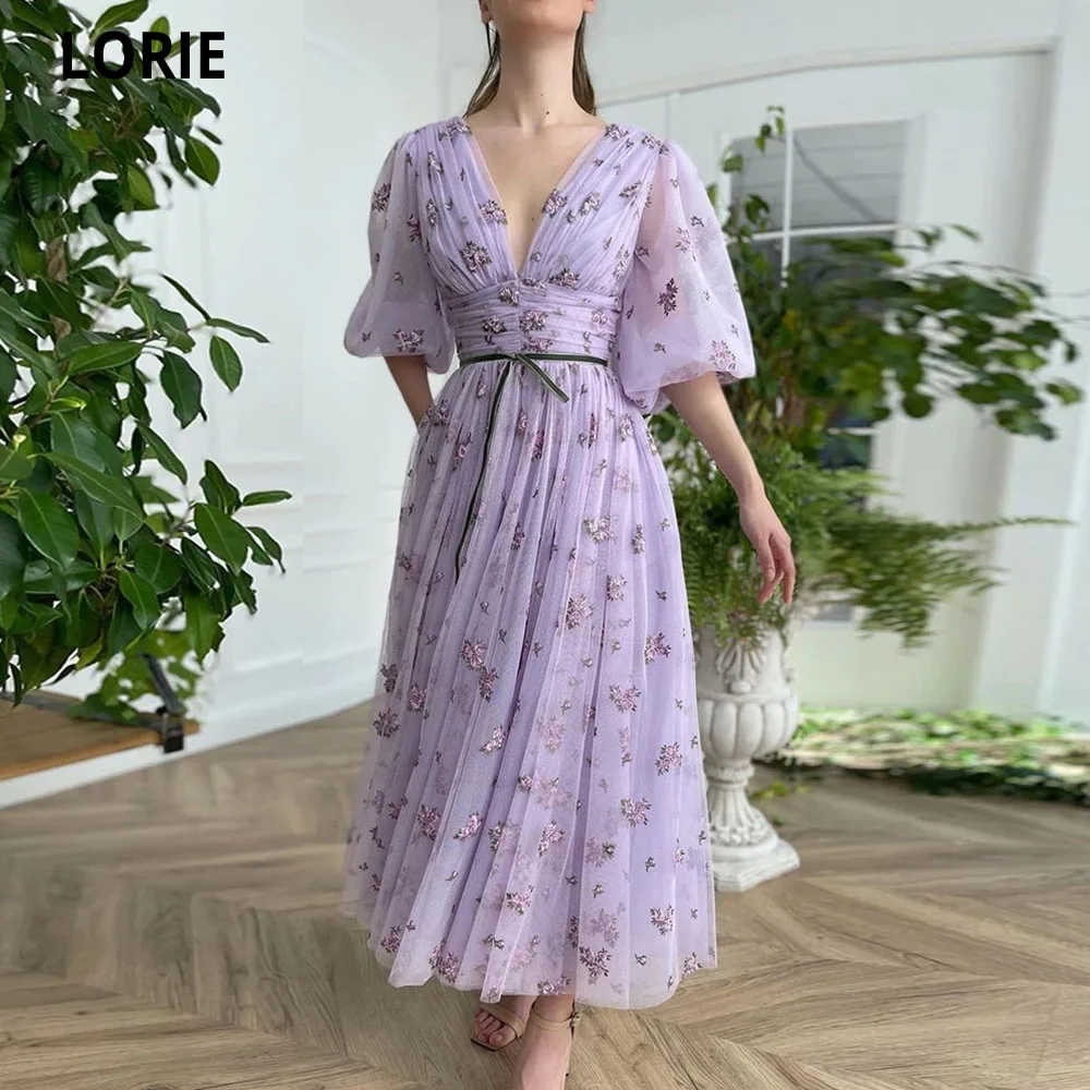 

LORIE Lavender Plunging V-Neck Tulle Midi Prom Dresses Half Puff Sleeves Embroidery Lace Tea-Length A-Line Wedding Party Dresses