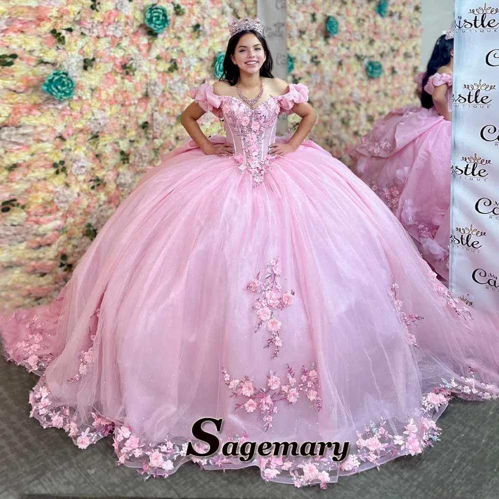 Sagemary Charming 3D Appliques Quinceanera Dresses Off the Shoulder Ball Gown Lace Up Royal Train Abendkleider Customized