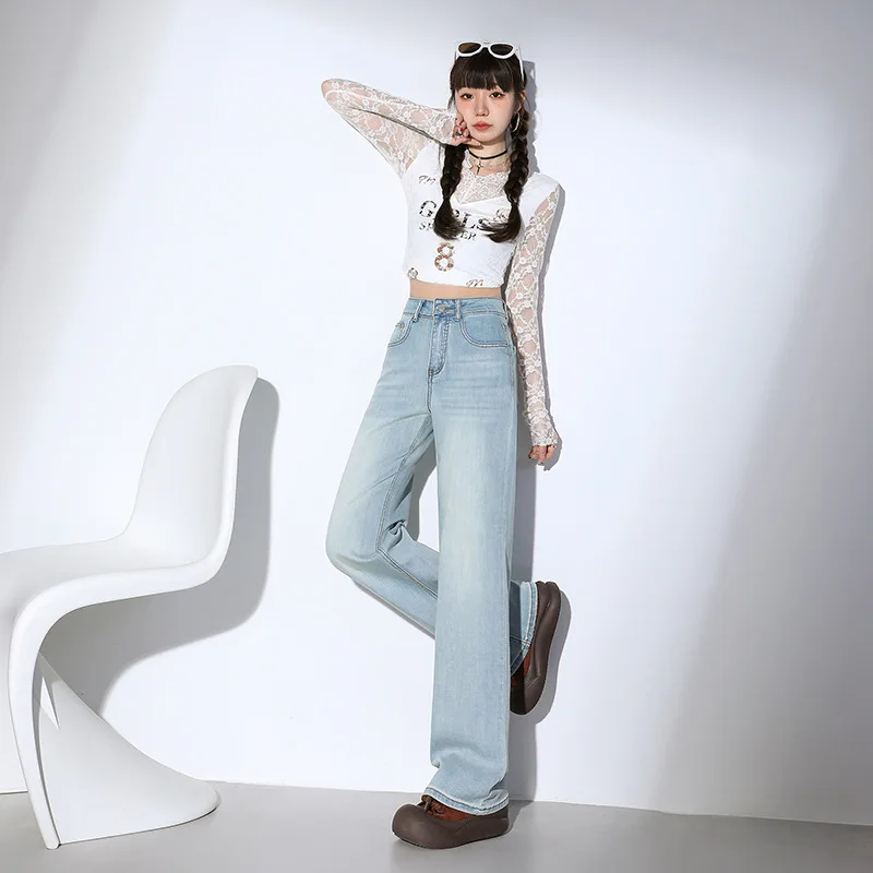 

American Style Stretch Narrow Wide-Leg Jeans for Women Spring Summer New Soft Denim Retro Color Straight Pants