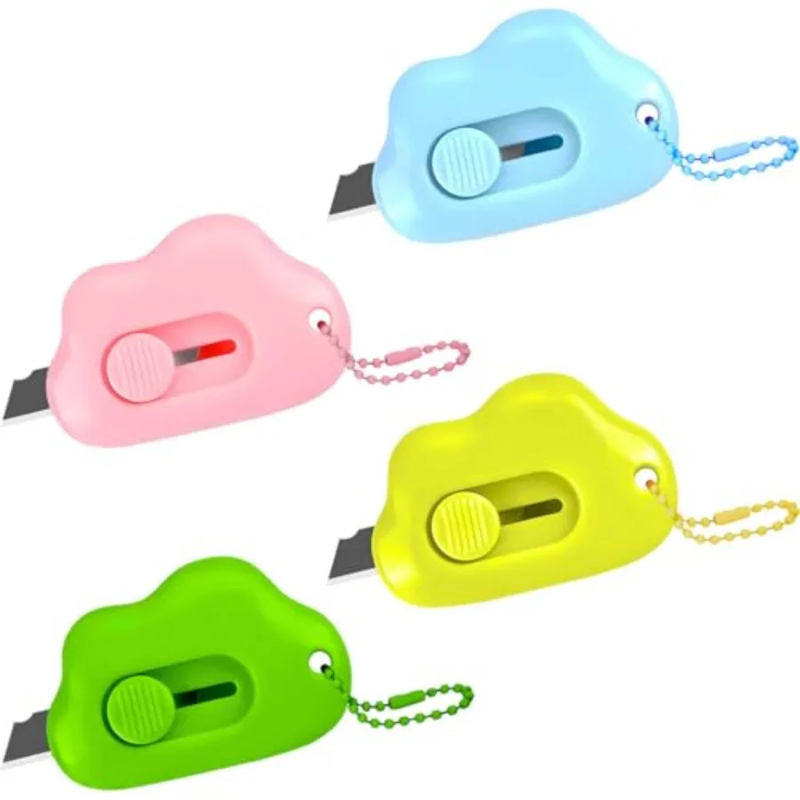 6 Pack Cloud Retractable Box Cutter with Key Rings - Safe Auto-Retract Design Mini Paper Cutter for Boxes Packages Mail Envelop
