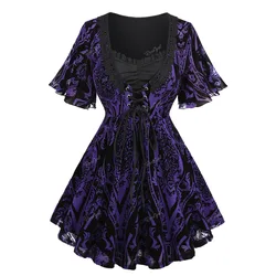 ROSEGAL Plus Size Purple Ruffles T-shirts Women Spring Summer Fashion Floral Flocking Grommets Lace-up Ruched Lace Trim Tops