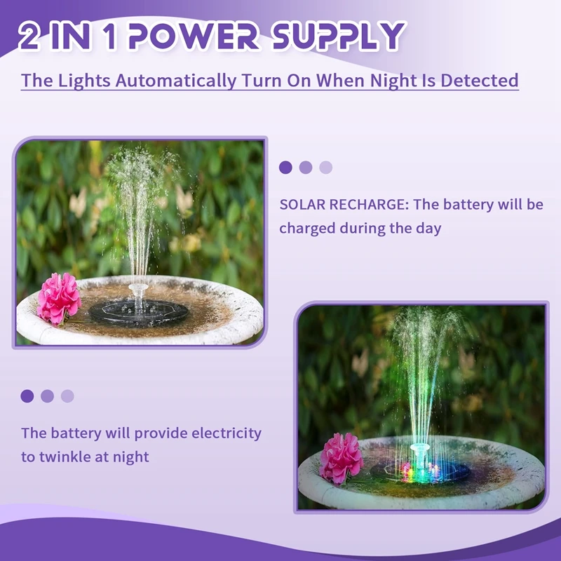 A35Q-21.5CM LED Solar Fountain Pump With 5000Mah Battery 6.5W 6 Nozzles Fountain Pump For Bird Bath Garden Water Cycling