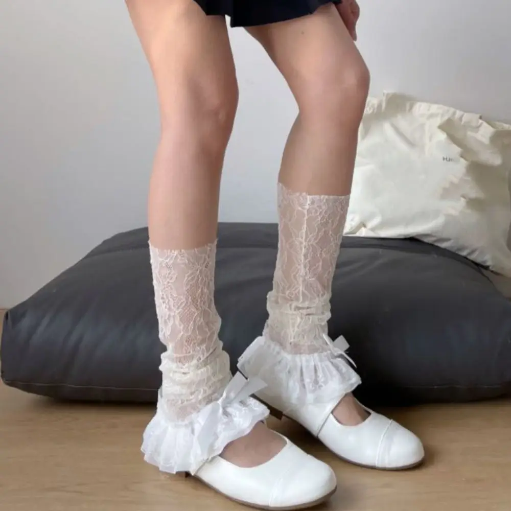 

Personality Bow Ruffle JK Calf Long Socks Mesh Y2k Lace Flower Stockings Sweet Transparent Mid-tube Stockings Women