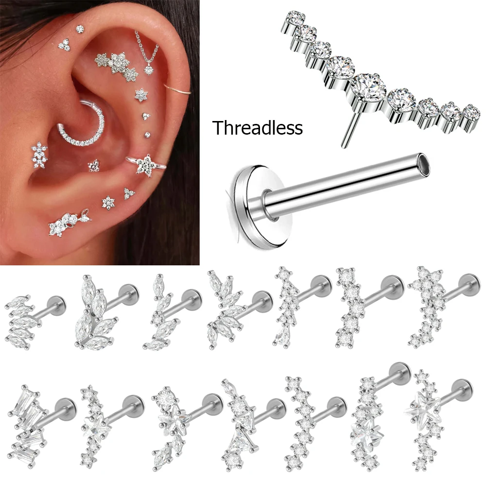 1PC stal chirurgiczna bez gwintu markiza cyrkon Labret wargi Stud Cz chrząstka ucha Tragus Helix kolczyki Daith Piercing biżuteria do ciała