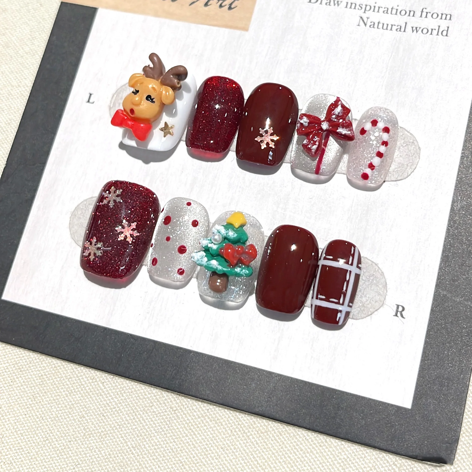 10PCS Original Handcrafted Christmas Fake Nails, 3D Cartoon Reindeer & Tree Wine Red Glitter Press On Nails for Party
