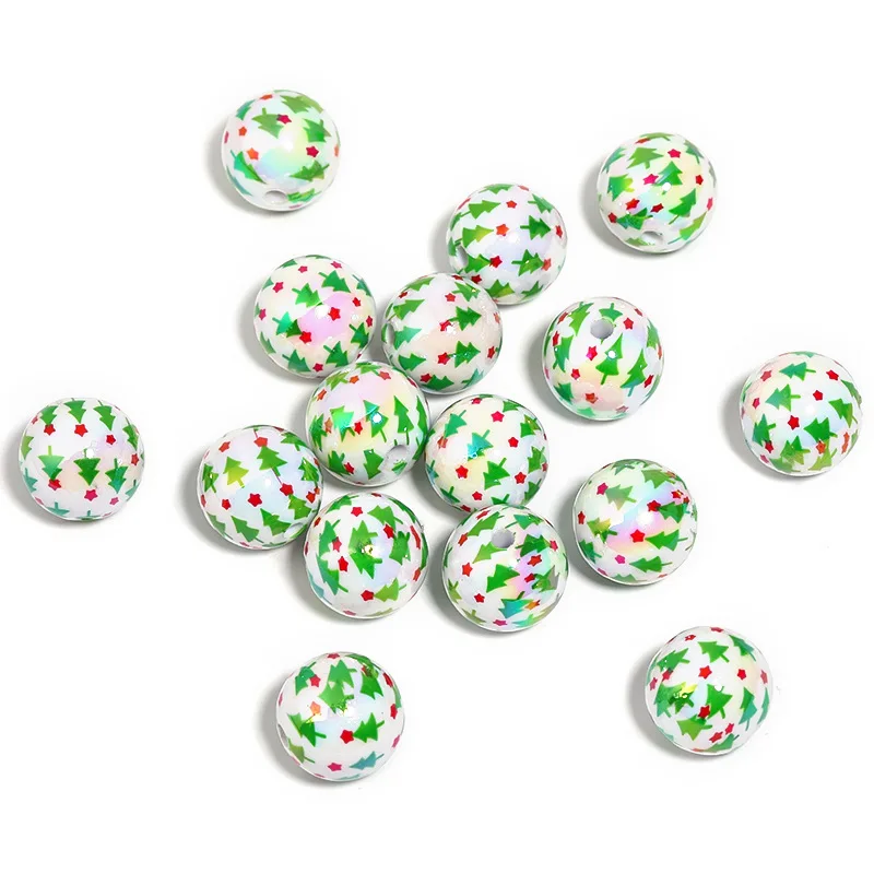 Newest Christmas Green Red Tree Painting Acrylic Round Gumball Beads Bubblegum Necklace Pen Accessories Material 100pcs 16mm