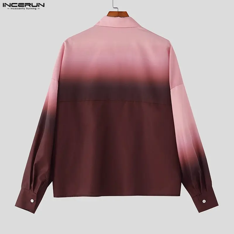 INCERUN الرجال قميص التعادل صبغ التدرج التلبيب كم طويل الرجال الملابس فضفاضة الشارع الشهير الكورية نمط موضة بلايز عادية الذكور القمصان