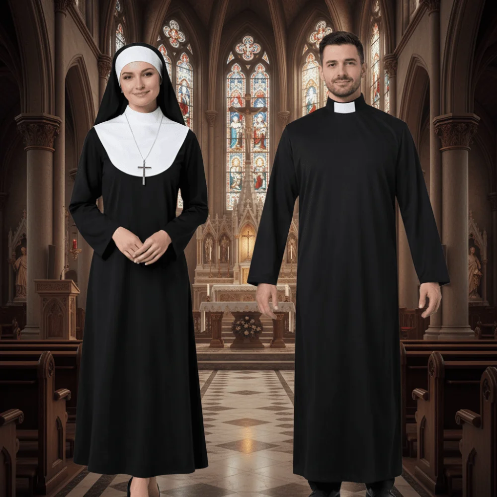 

Higih Quality Adult Size Father's Clothing Virgin Mary Black Cosplay Costume Priest Role Nun Costume Cosplay Events