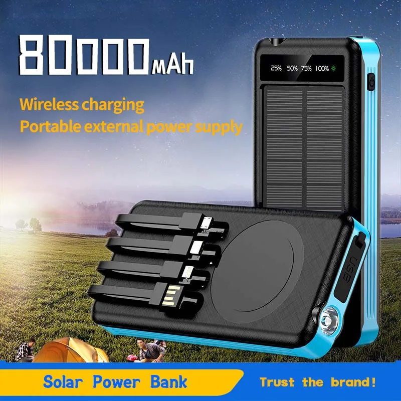 

OUIO 80000mAh Capacity Solar Power Bank Built in Cables Comes Portable power supply with LED Lights For iPhone Xiaomi