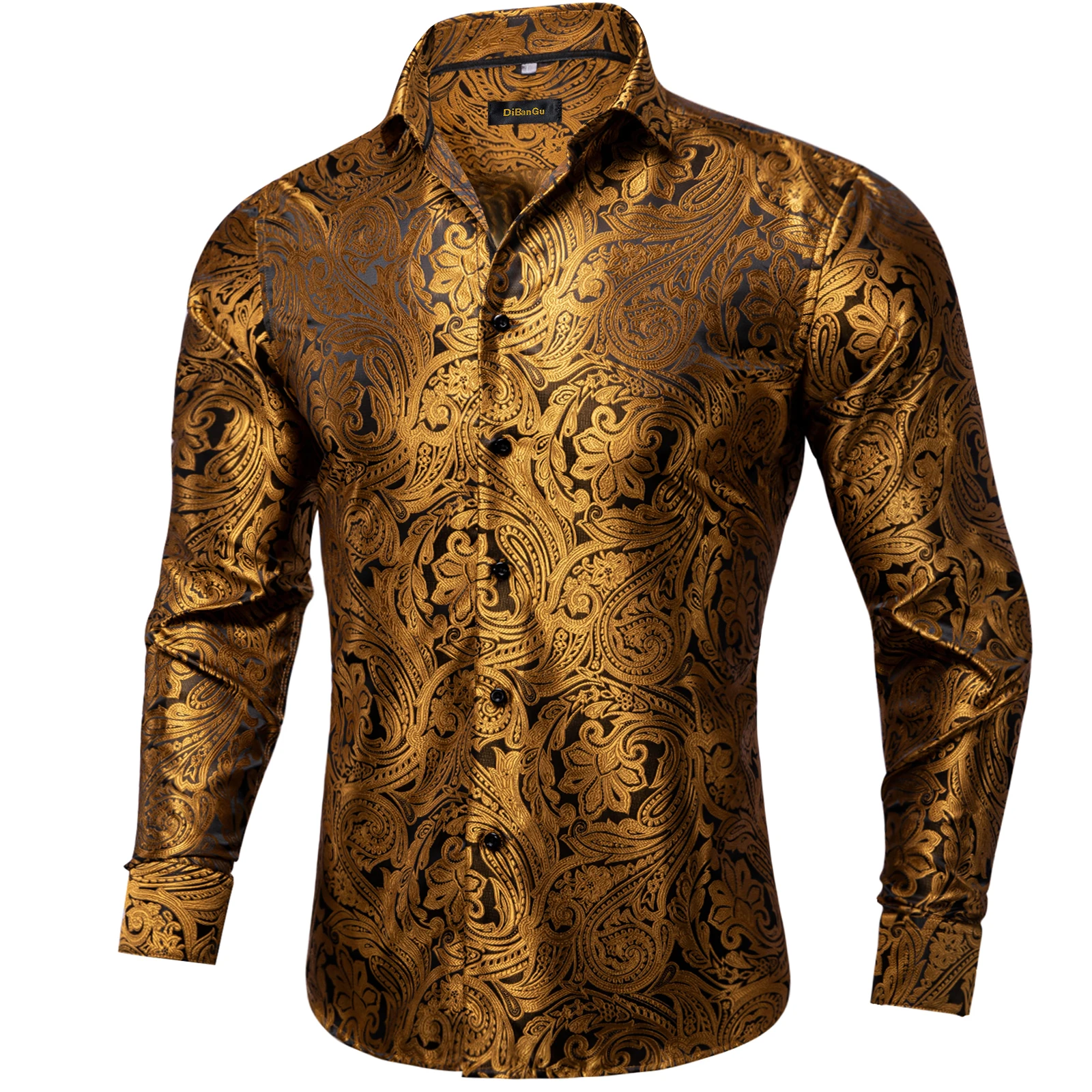 Gold Paisley Silk Shirts for Men Long Sleeve Luxury Brand Tuxedo Wedding  Party Men Clothing DiBanGu