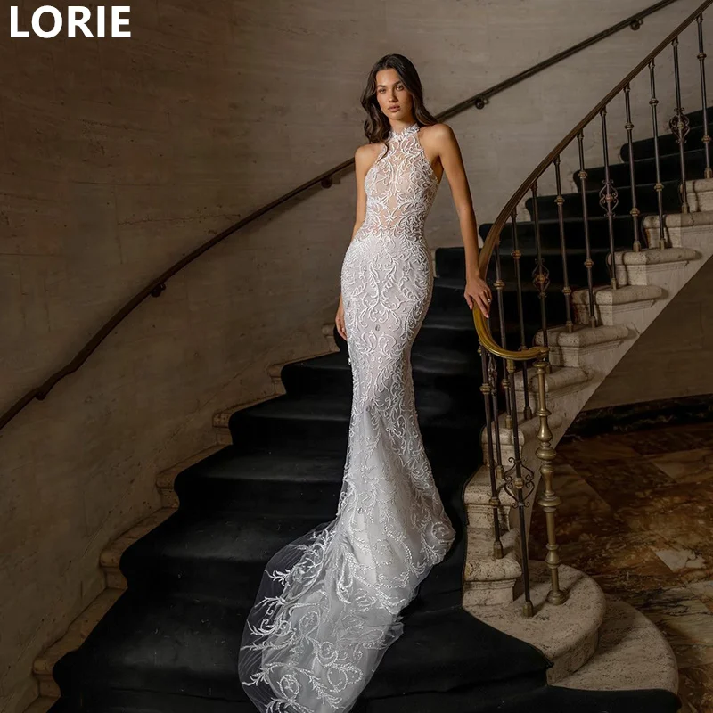 LORIE Mermaid Halter Lace Applique Wedding Dresses Sexy Sleeveless Wedding Gown Sheer Perspective Bride Gowns Customized 2025