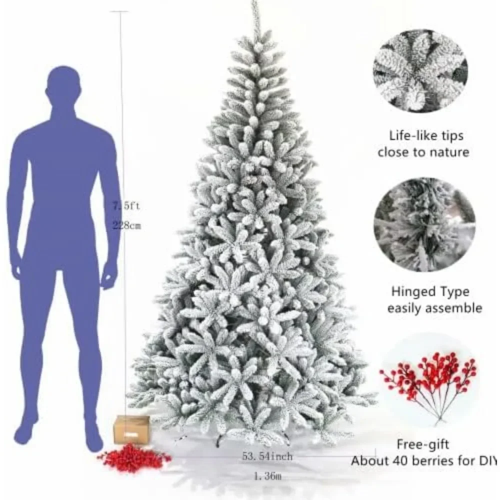 Neve artificial flocado abeto com cones, bagas vermelhas e suporte dobrável, montagem fácil para casa e escritório, árvore de Natal 7.5ft