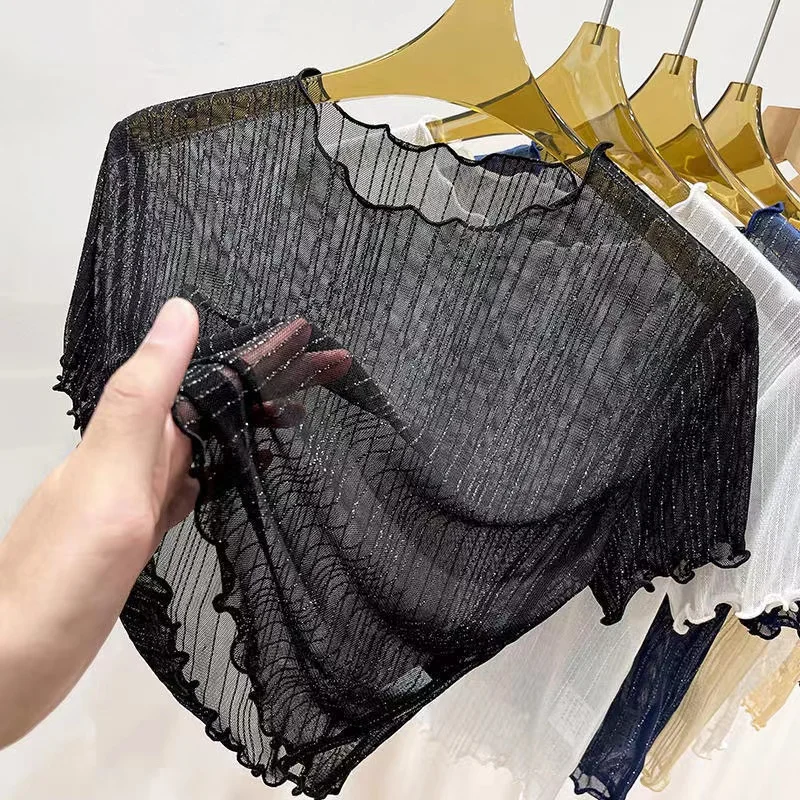 Black Lace Base Shirt Women Summer Mesh T-Shirt Sand Body Short Sleeve Short Style Gauze Dress Strap Thin Shark Upper Apparel