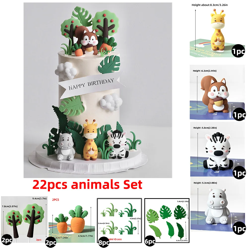 Forest Small Animals Cake Toppers Squirrel, Hippo, Zebra, Giraffe, Grasses, Fruit Trees for Boys Kids Birthday Party Decorations