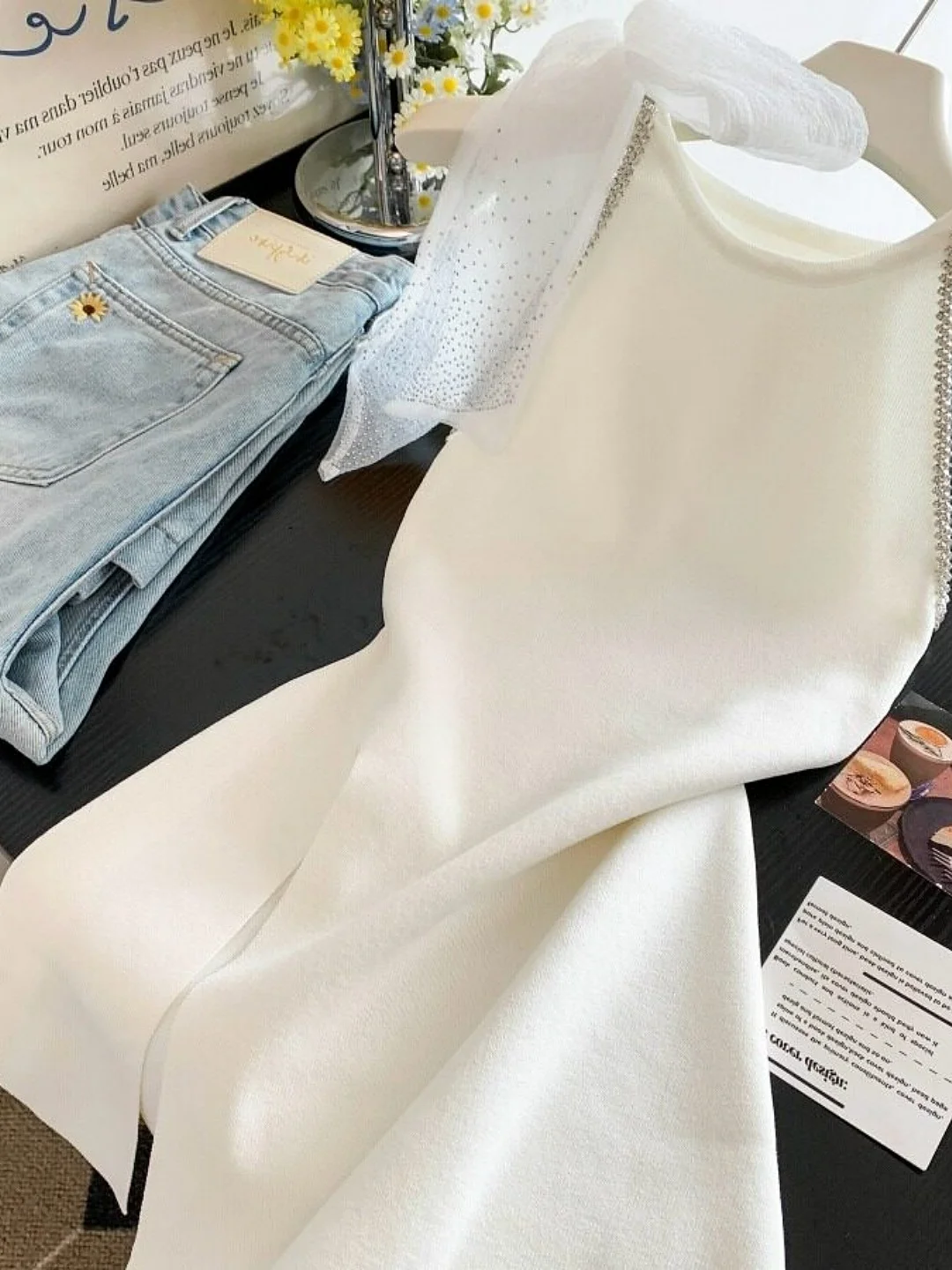 

Knot Heavy Embellished Vest Women's Summer Mid-Length Open Split Waist-Cinching Sleeveless Top
