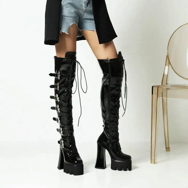 15cm パテントレザー レディース ロングブーツ ロリータ 厚底 超ハイヒール コスプレ パンク風 レースアップ ロングブーツ