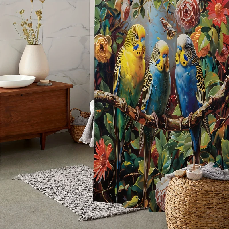 One piece of retro green plant flower parrot bird print waterproof shower , with 12 hooks Curtain for Windows