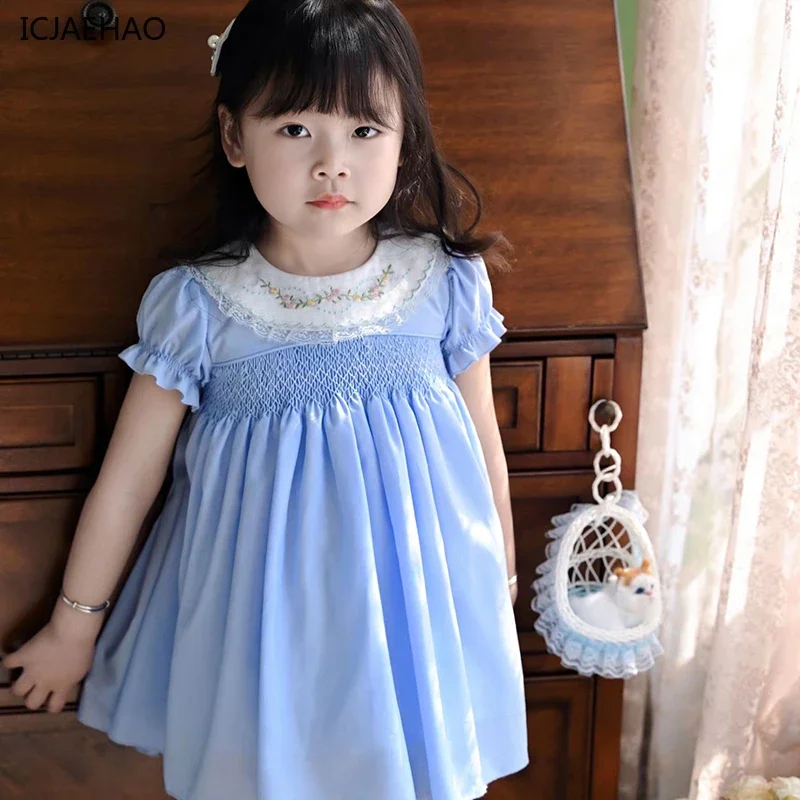 ICJAEHAO 2024 Girls Costume Classical Temperament Kids Summer Clothes Handmade Retro Princess One-Piece Short Sleeve Dress