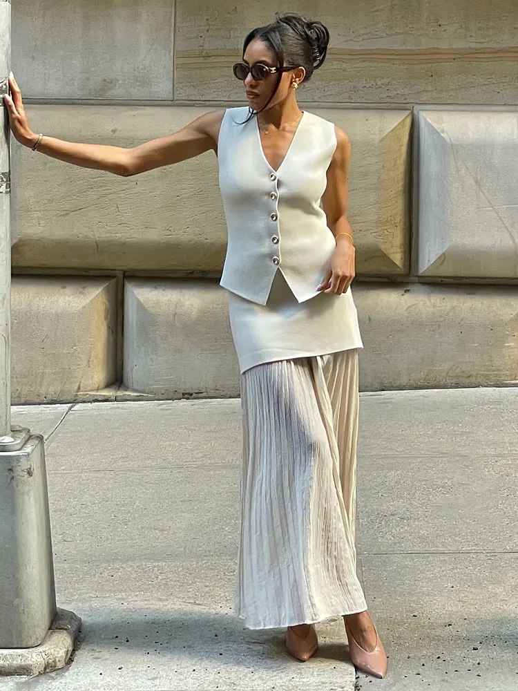 

TRAFZA 2025 Fashion Women Button Sleeveless V-Neck Knitted Slim Vest Top+High Waist Splicing Zipper Long Skirt 2 Piece Set