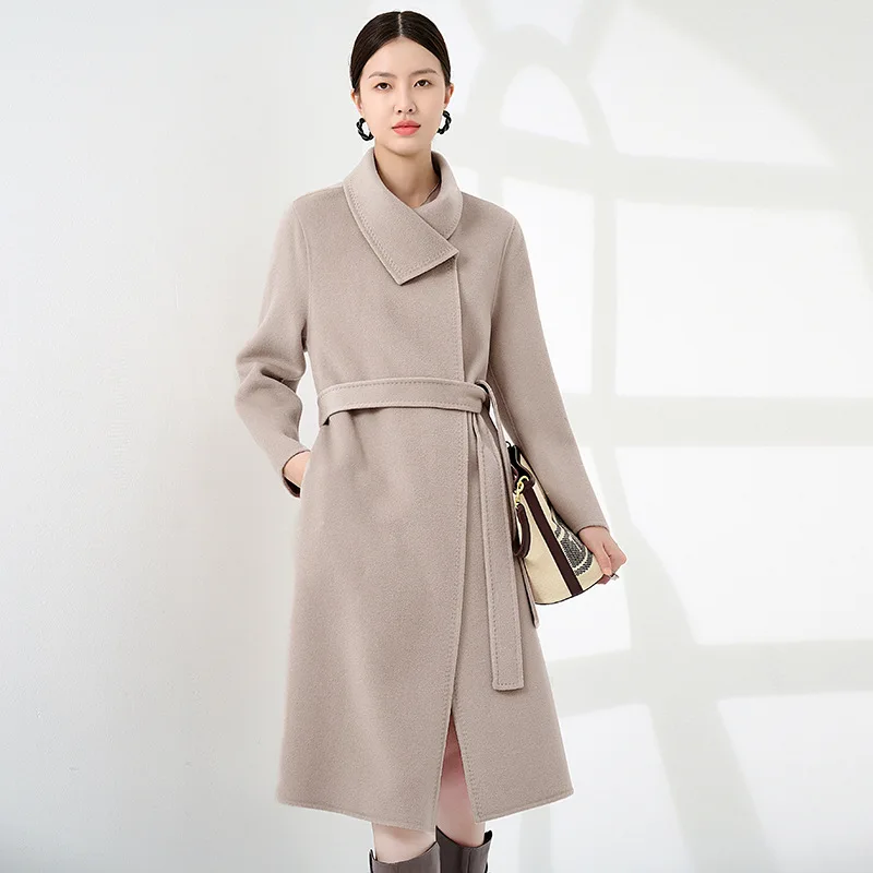 2023 [Highest Quality] Winter Long Coat Female Black Stand Collar Autumn Loose Coat 100% Cashmere Coat Soft Temperament Hand Sti