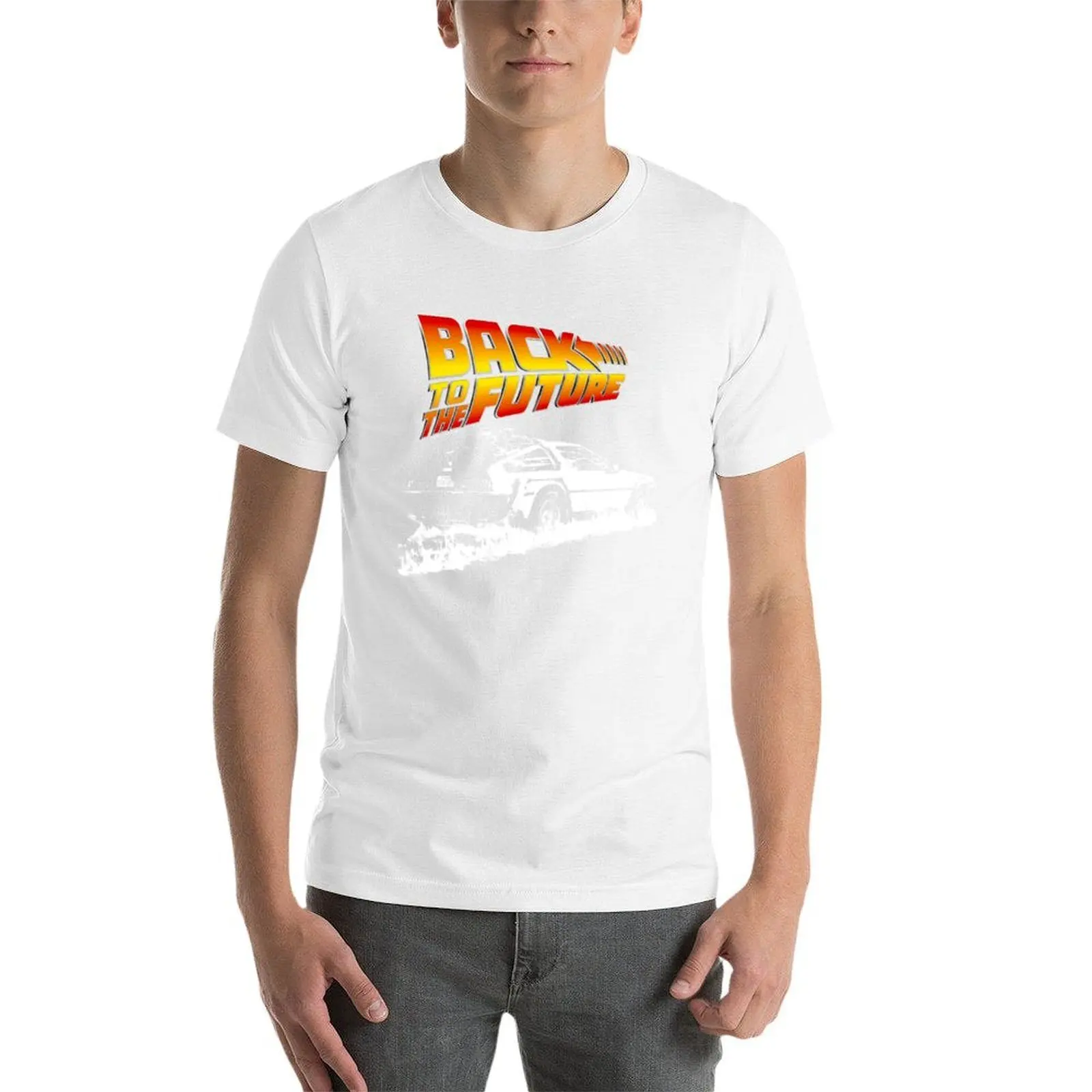 العودة إلى المستقبل - تي شيرت DeLorean Fire Tracks White Stencil Fan Art تي شيرت رجالي برسوم جرافيك