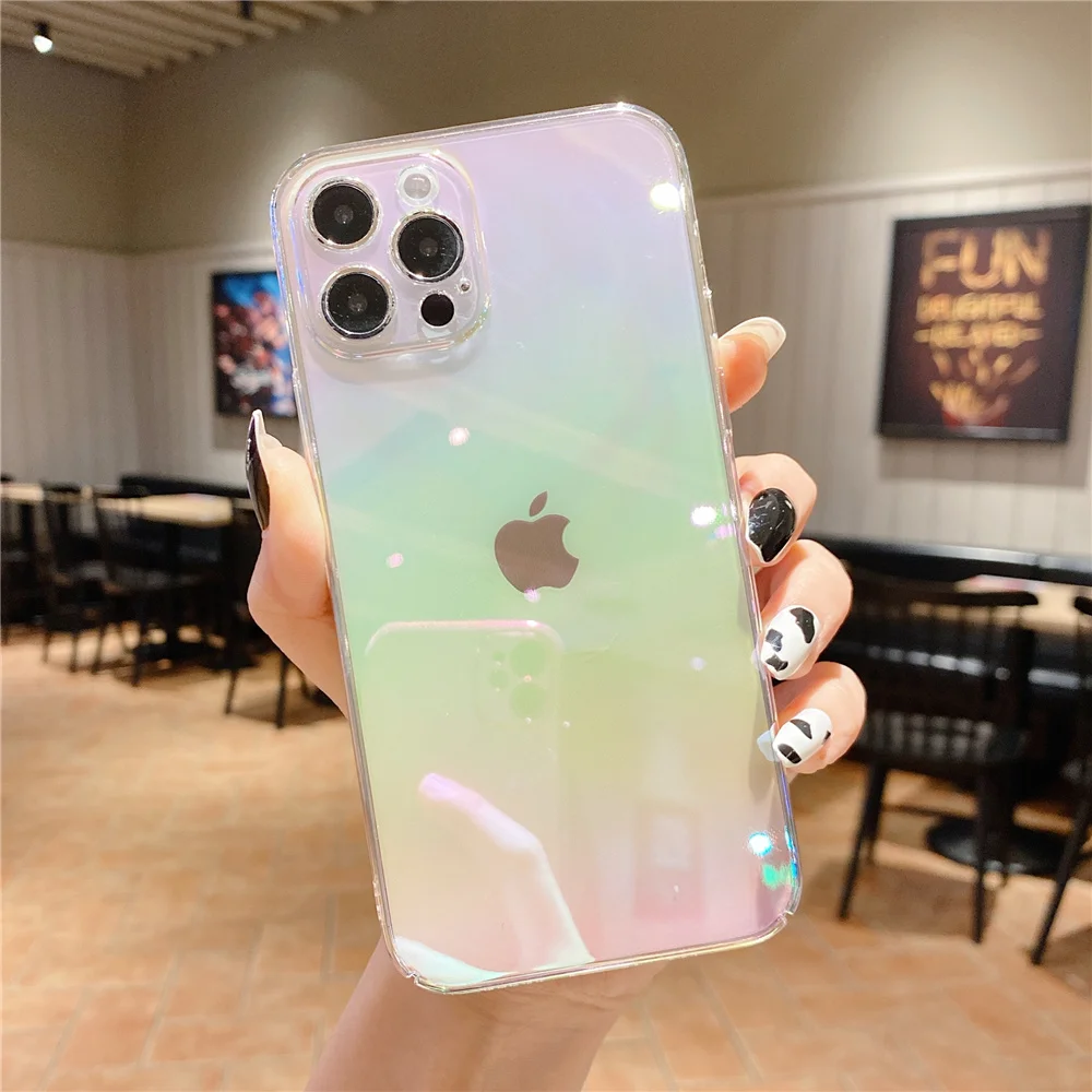 High quality Rainbow laser Phone Case For iPhone 11 12 13 14 15Plus 16Pro Max Colorful Chameleon Case For iPhone XR XS Max Cover