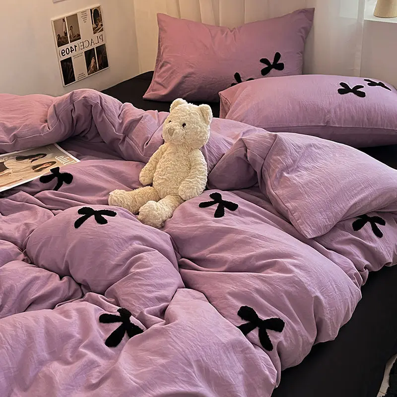 INS Bowknot Duvet Cover Solid Color Bed Linens Pillowcases Luxury Purple Black Bedding Set For Girls Woman Decor Home