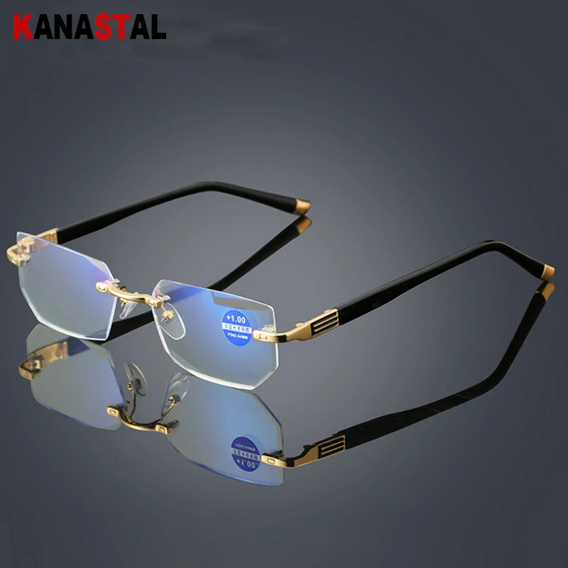 Men Blue Light Blocking Reading Glasses Women Dimond Cutting Rimless Eyeglasses Frame Anti Fatigue Hyperopia Presbyopic Eyewear