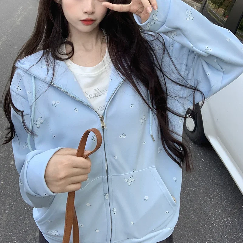 

Floral Printed Hoodies Women Sweet Loose Casual Zipper Long Sleeve Pockets Coats Fashion Oversize Chic Girlish Sweatshirt Tops