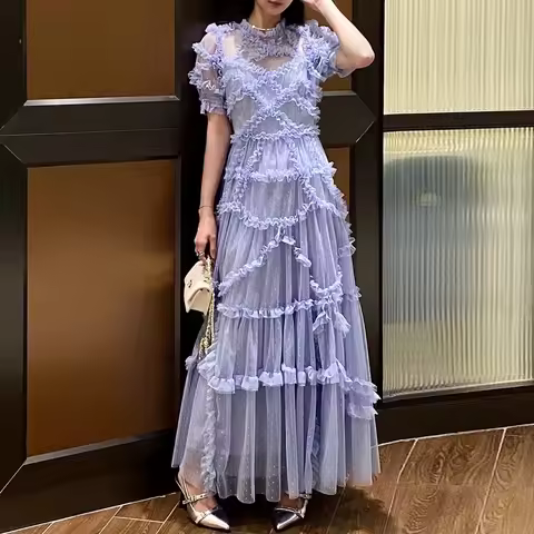 Quality Vintage Summer Holiday Layers Ruffle Cake tulle Long Dress Women Blue Dots Elegant Party Evening Vestidos