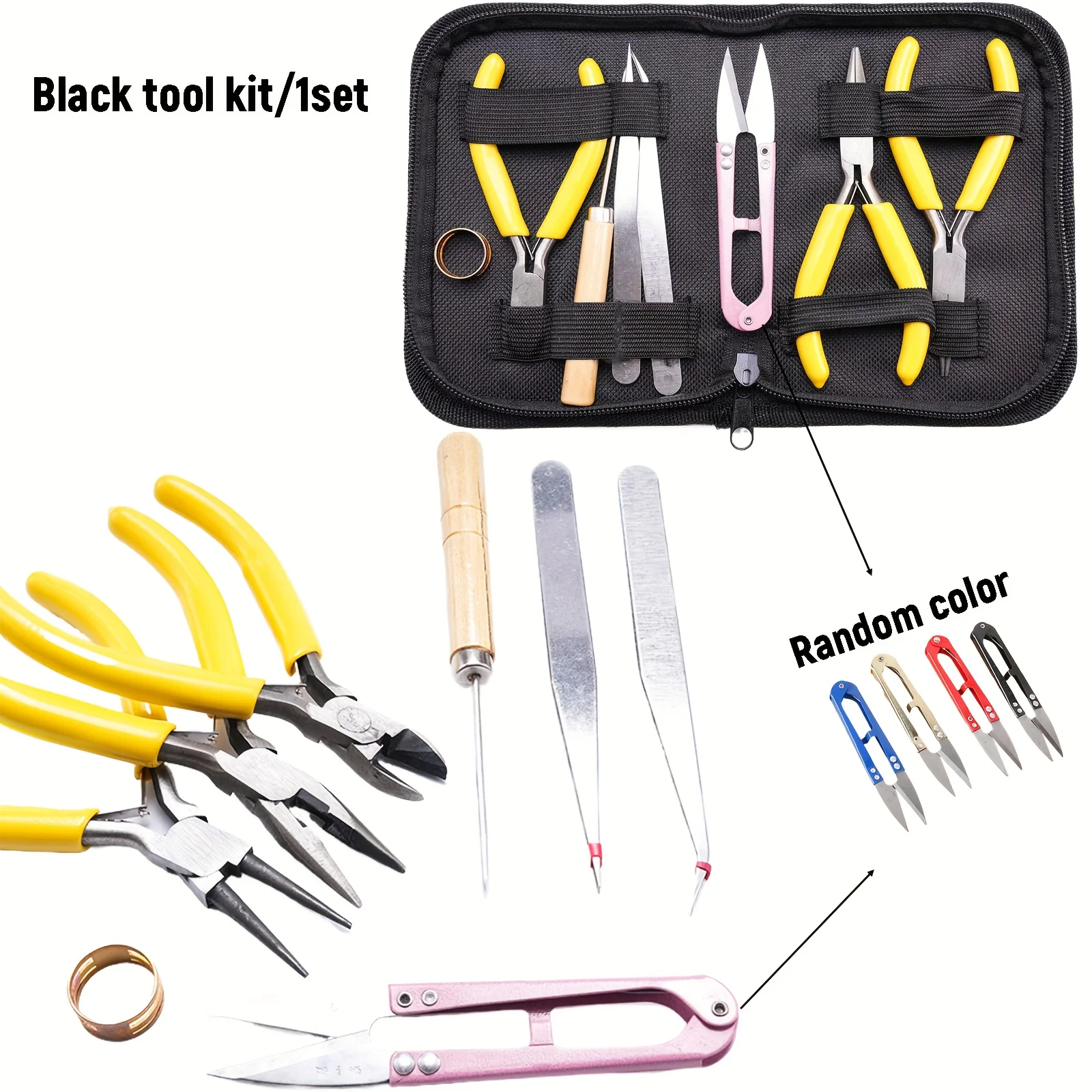 8 pieces/set, set of yellow high-end jewelry making tools, including round head, pointed end, thread knife, and serrated pliers