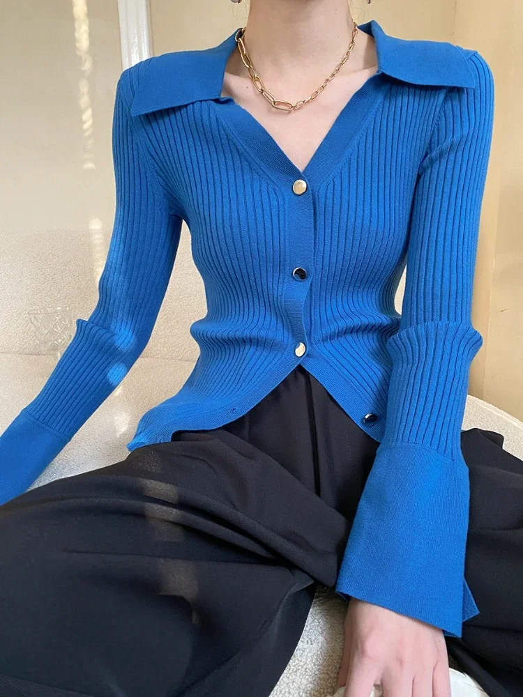 Slim Cardigan Women Korean Fashion Long Sleeved Klein Blue Knitted Cardigan Single Breasted V-Neck Elegant Temperament Tops