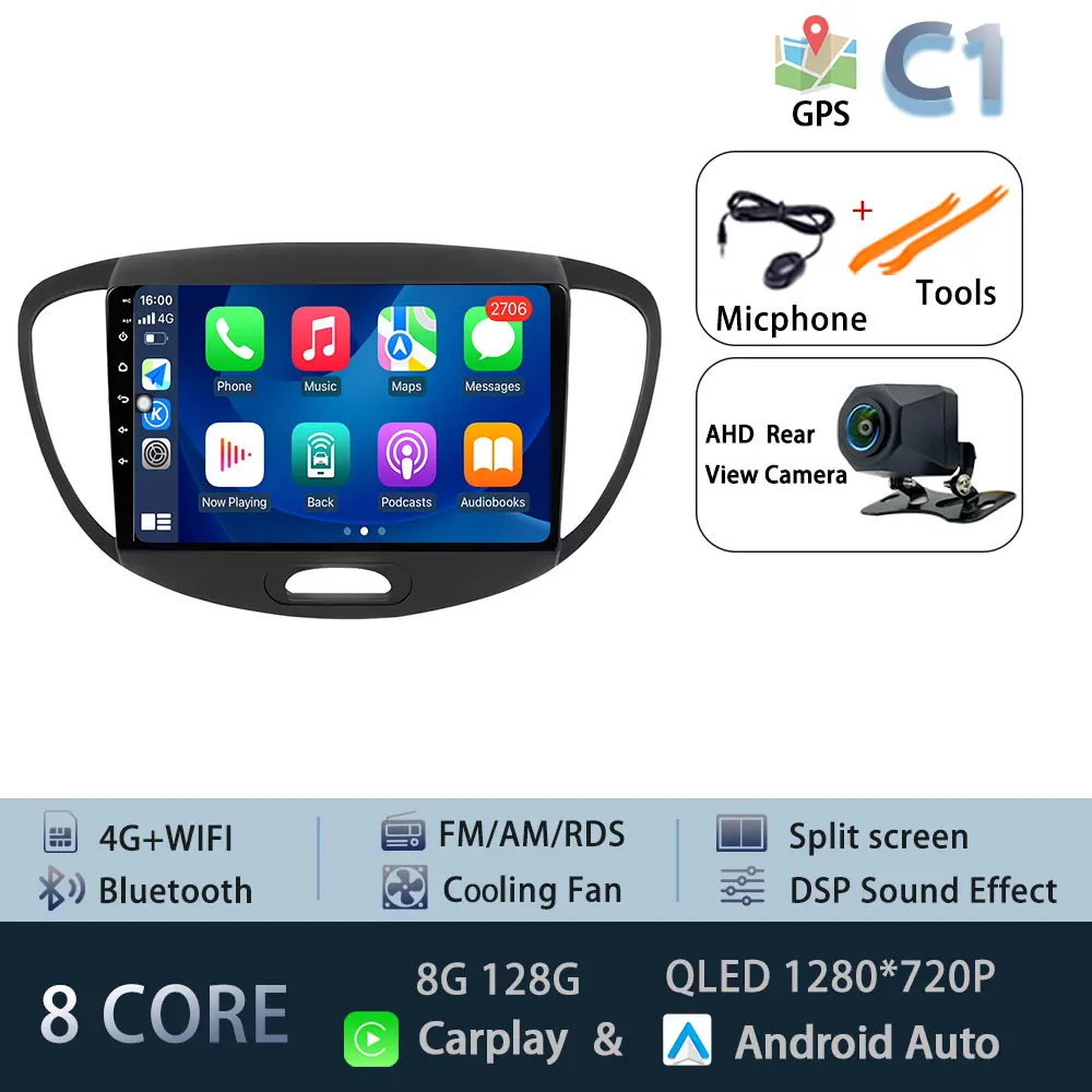 Android 15 Carplay Auto Radio Voor Hyundai I10 2007-2013 CarPlay Auto GPS Recorder Multimedia video Speler 4G + WiFi DSP