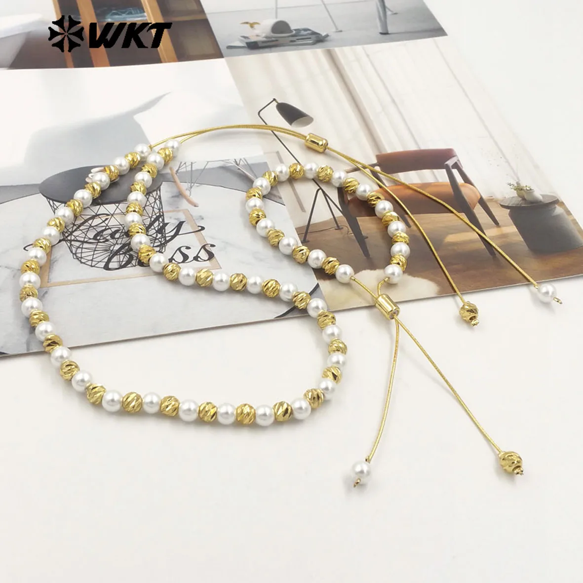 

WT-JFN20 Trendy And Elegant Artificial Pearl Spacer With Gold Beads Design Can Be Adjustable Necklace For Women Daily Decorated