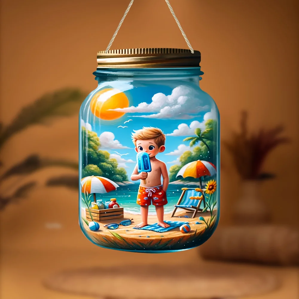 Acrylic mason jar,summer garden,boys with popsicles,home art,hotel,garage,bathroom,front door,summer,kitchen,gift shop,garden