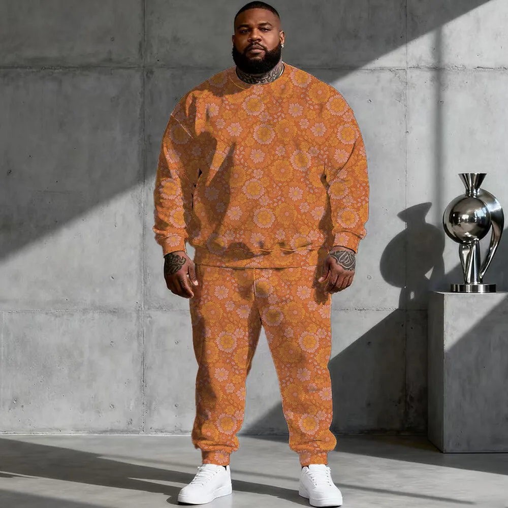 

S-9xl plus size Men's Hoodie Set: Floral Edge - 2-Piece Modern-Chic, Soft Warm Fabric, Minimalist Bloom Printsl G