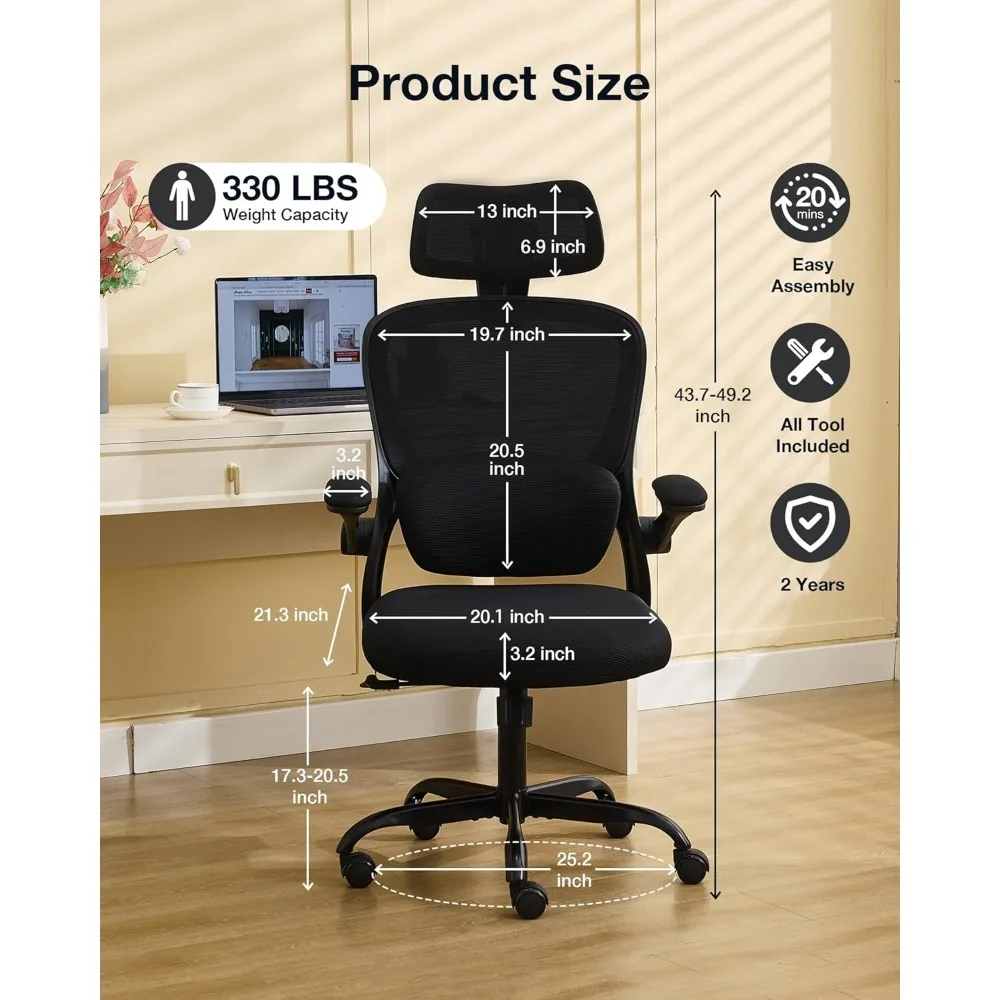 Office Chair with Tilt-Lock, Home Office Desk Chair with Auto Lumbar Support, High Back Mesh Desk Chair with Adjustable Headrest