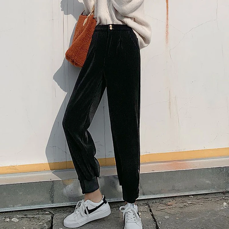 Vintage Corduroy Pants Women Autumn Winter New Streetwear Zipper Harem Pants Korean Casual High Waiste Chic Trousers Female